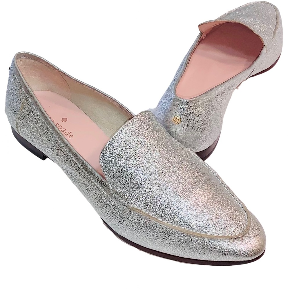 Kate Spade NY Carima Silver Crackled Metallic Nappa Loafer Block Heel Size 7.5M